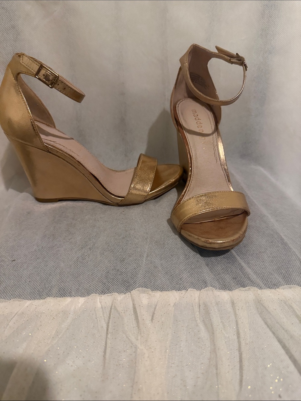 Madden Girl Metallic Gold Ankle-Strap Wedge Sandals Size 7